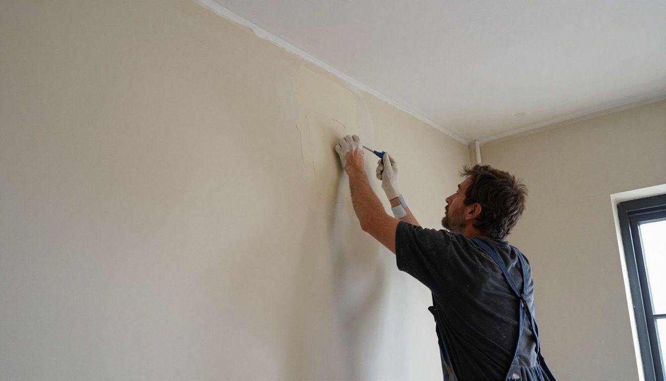 A skilled plasterer from Gents applying the final finish coat of lime plaster to the interior wall of a period property in Bristol, showcasing their craftsmanship.