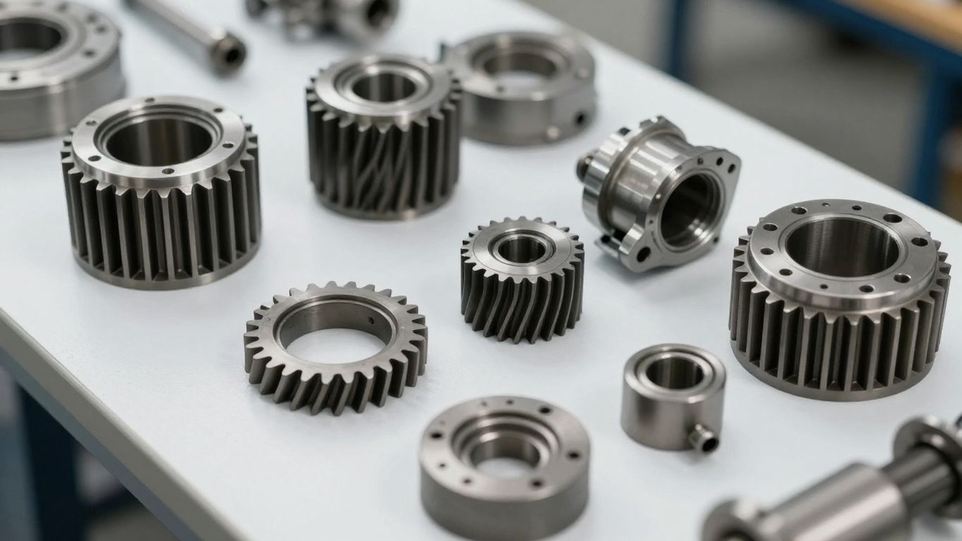 Quality transmission parts arranged on a workshop surface.