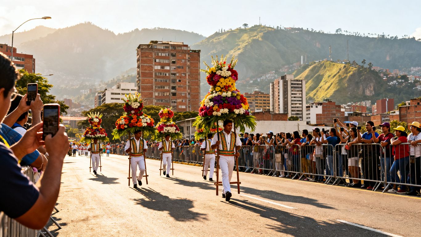 Silleteros carrying elaborate flower arrangements