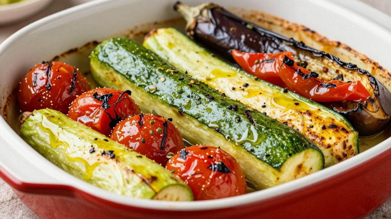 Colorful roasted Greek vegetables in a rustic dish.