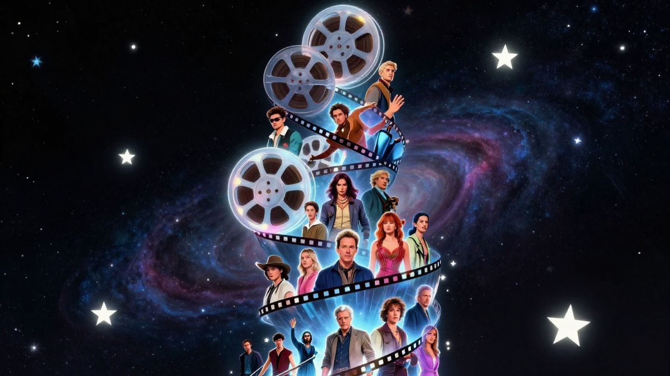 Film reel transforming into movie icons with starry background.