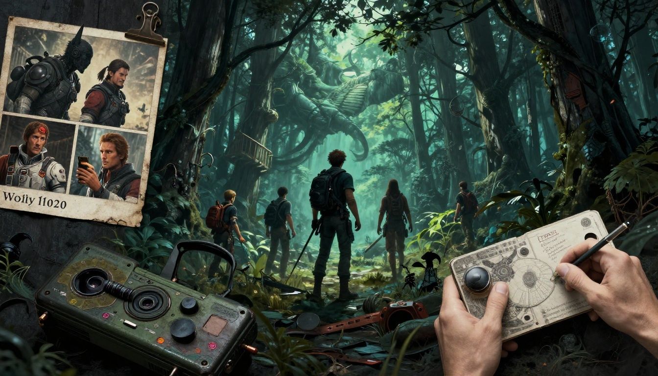 Um colagem artística representando momentos icônicos de narrativas de jogos, focando em elementos de mistério e aventura