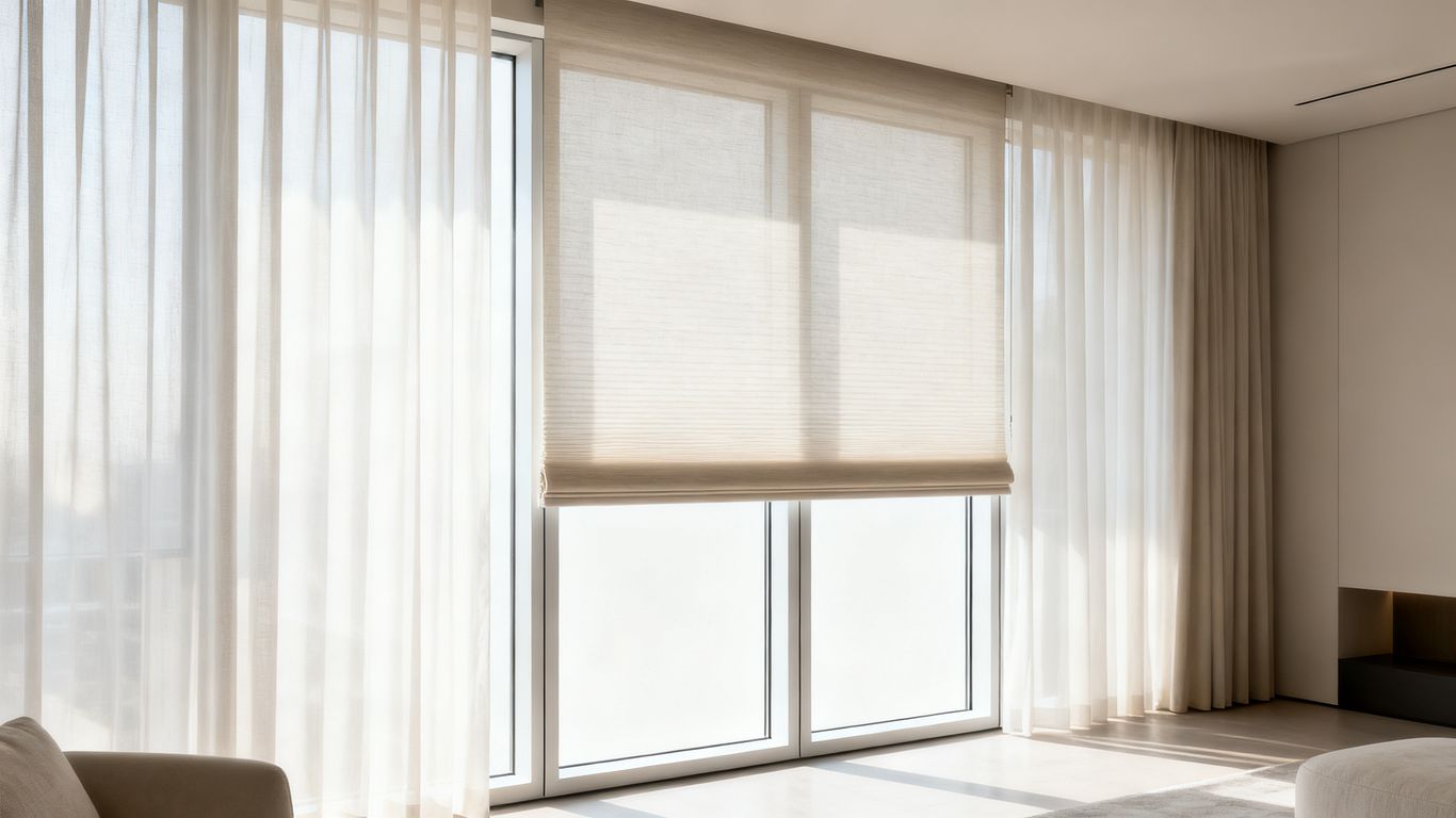 Modern casement windows with sheer curtains and blinds.