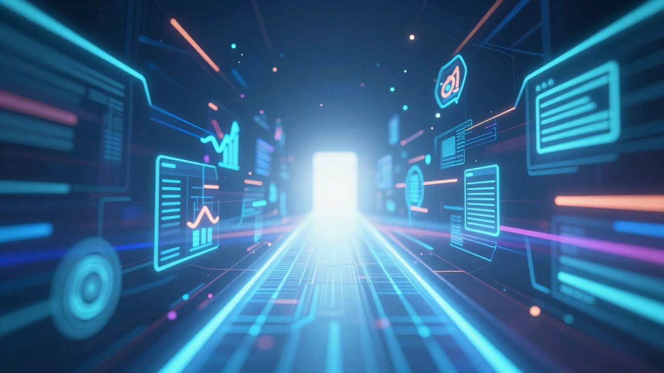 Digital marketing success with glowing elements and bright horizon.