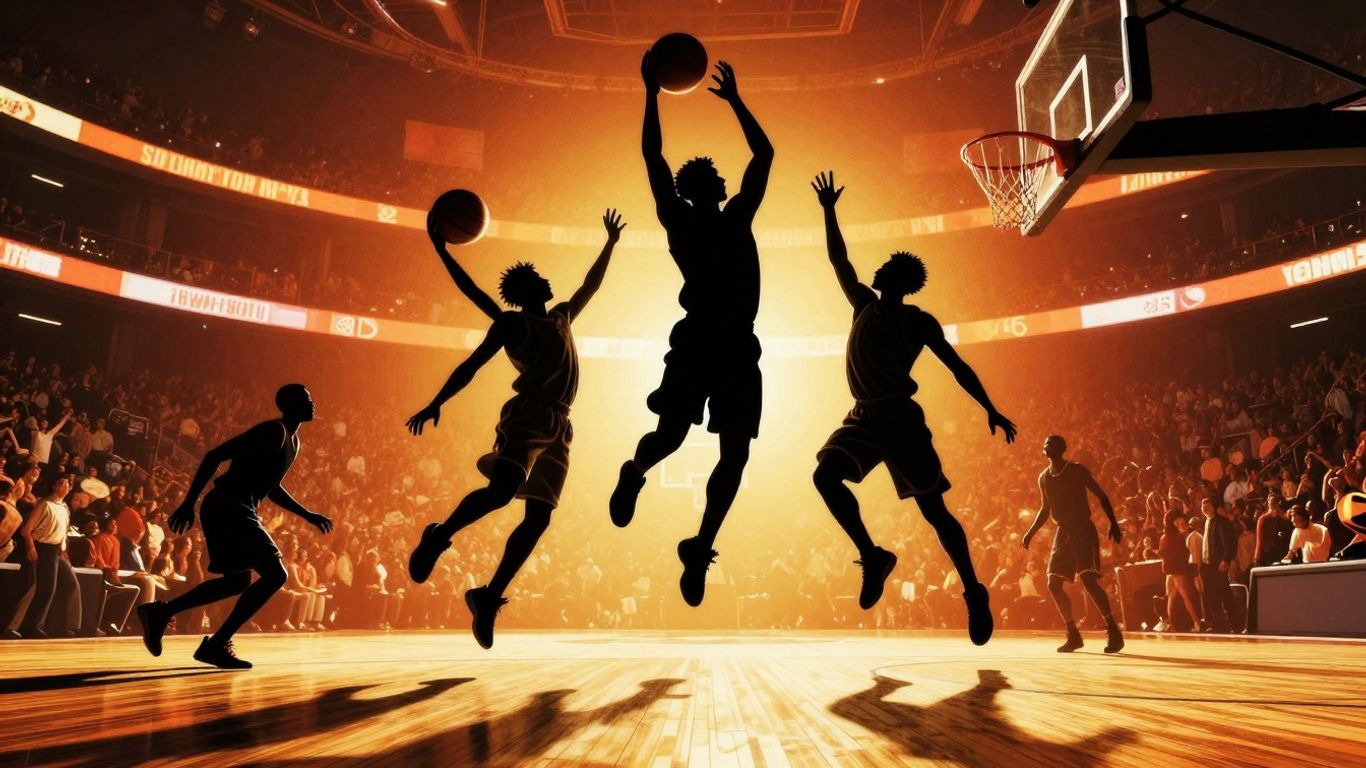 NBA game in action on a brightly lit court.