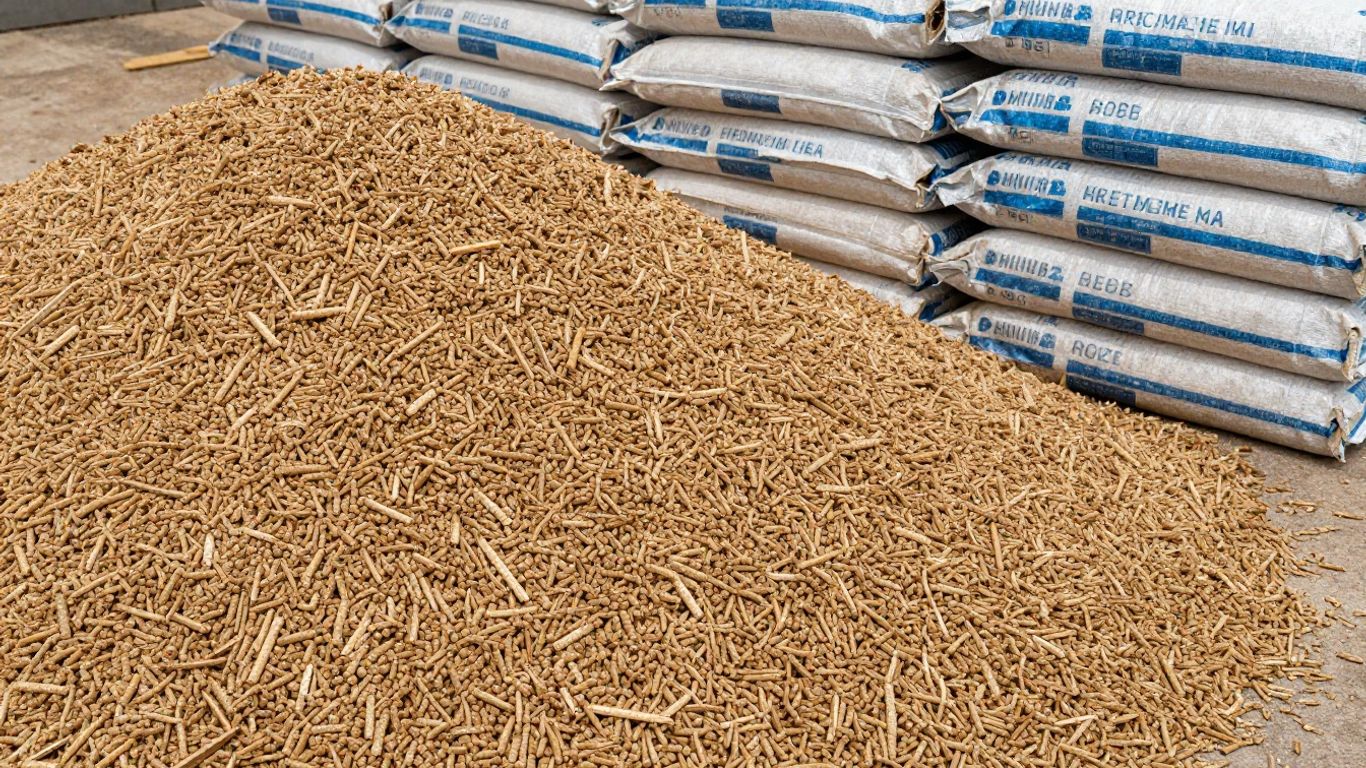 Pellets en vrac et en sacs, comparaison visuelle.