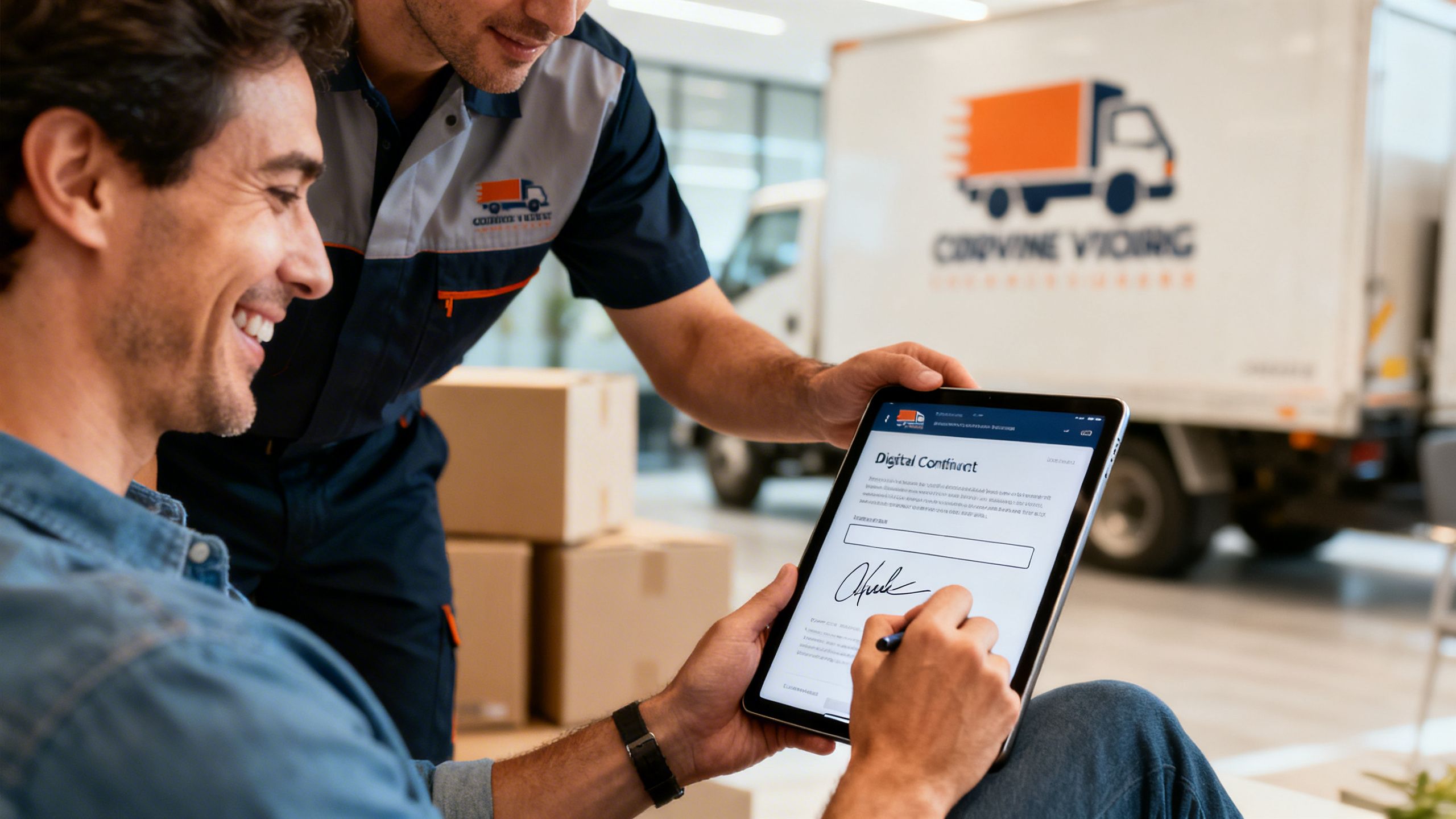 A customer happily signing a contract on a tablet, with a moving company representative assisting, showcasing a seamless digital signature process.