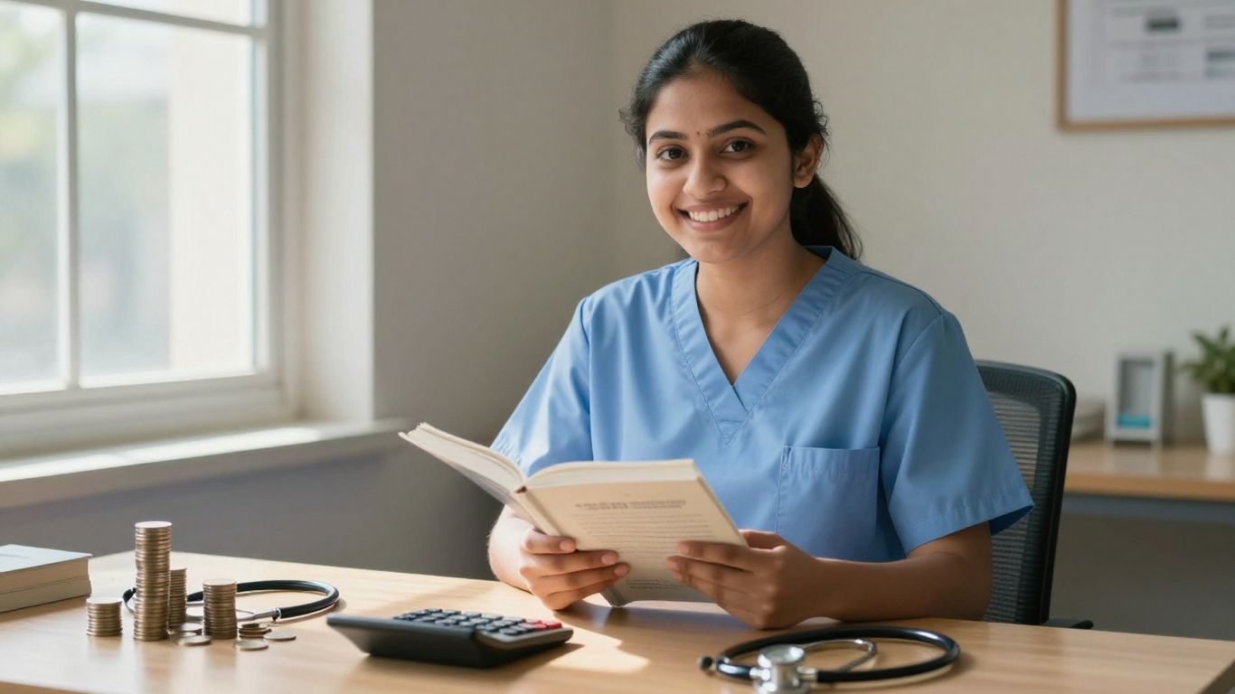 CBU nursing student with textbook and financial items.