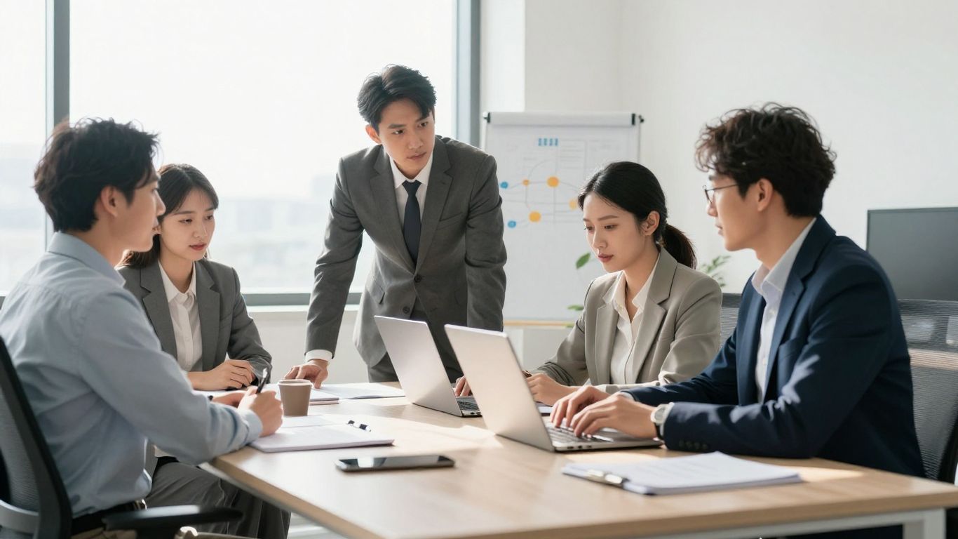 Business professionals collaborating in a modern office.