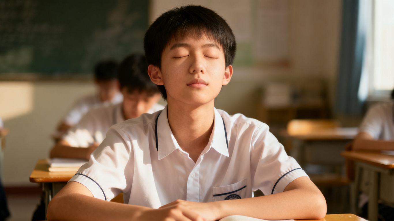 Student calmly taking a deep breath before an exam.