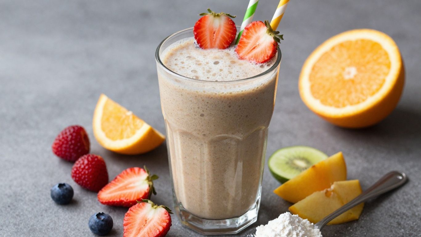 Herbalife shake with fresh ingredients and a clear glass.