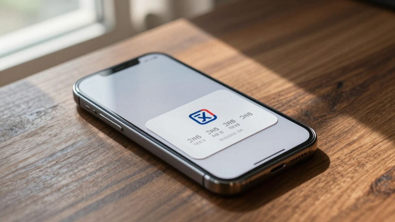 A close-up of a modern smartphone scanning a branded business card on a wooden table