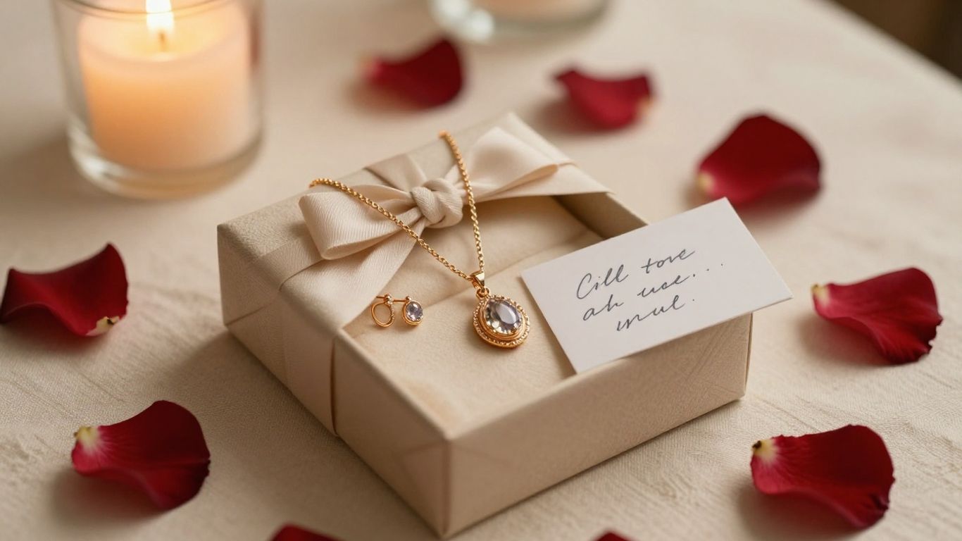 Elegant jewellery gift beside wrapped present