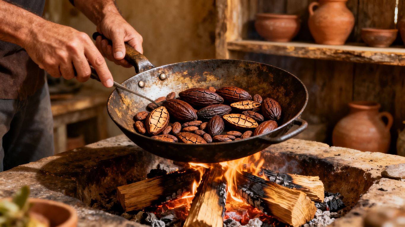 Roasting cacao beans over an open fire