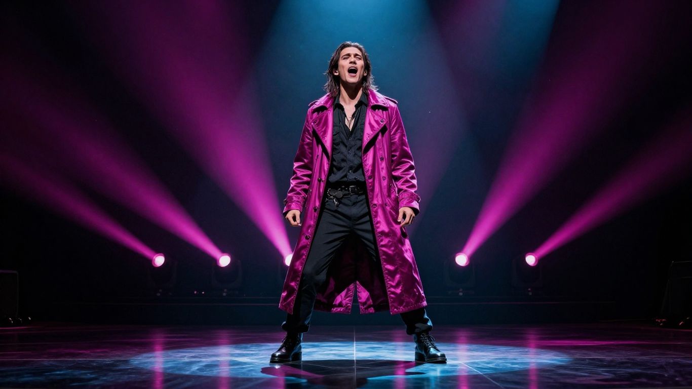 Singer character performing beneath colorful cinematic lights