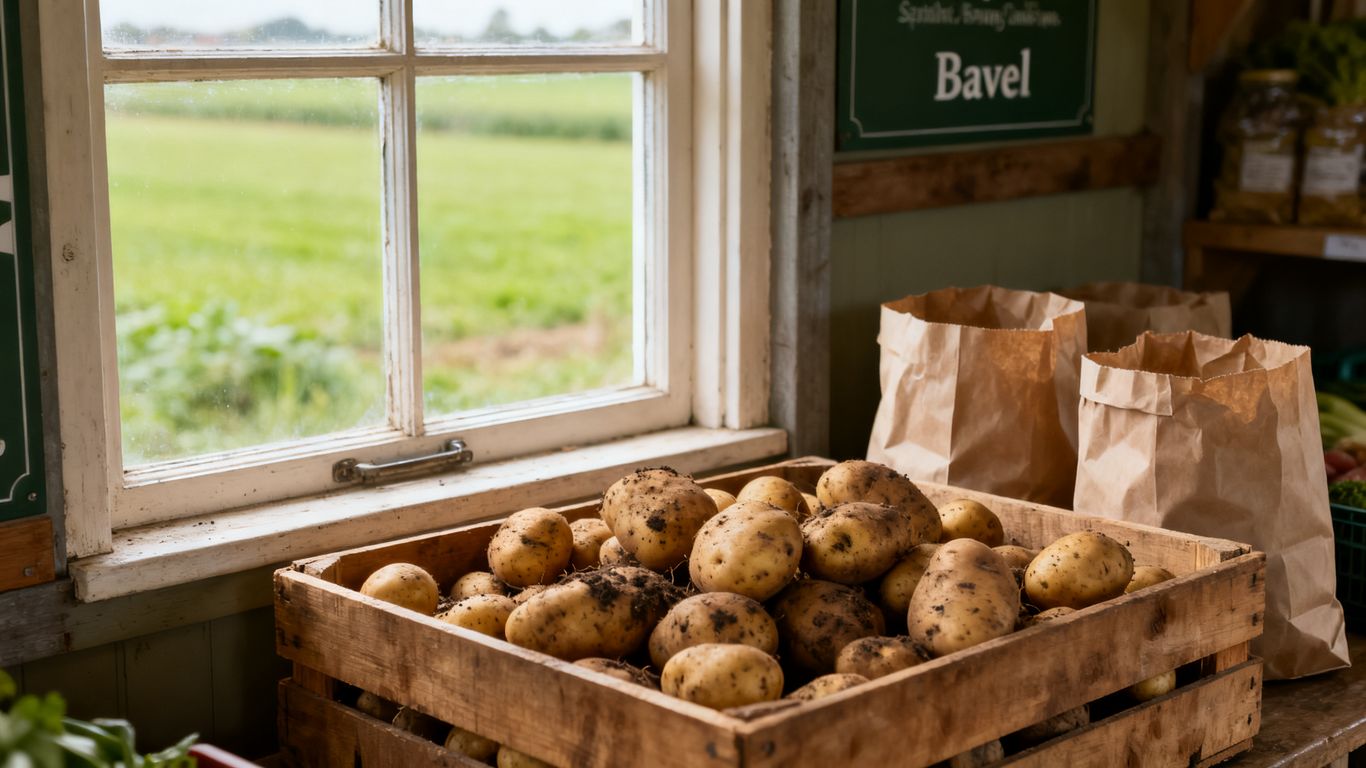 Aardappelen in een krat bij een boerderijwinkel
