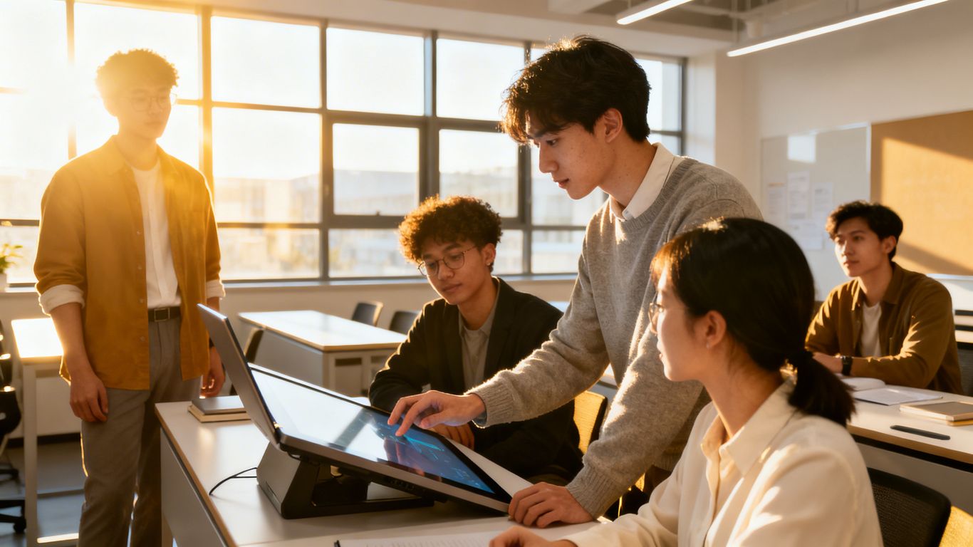 Professionals learning in a modern, bright training environment.