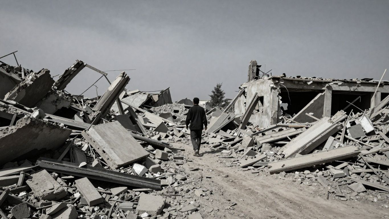 Gaza conflict aftermath with rubble and a lone figure.