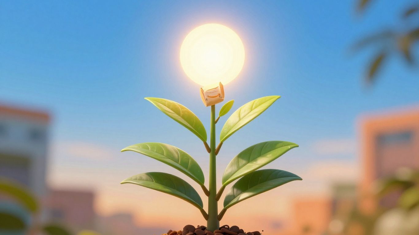 Brand growth on Amazon with packaging leaves reaching upwards.