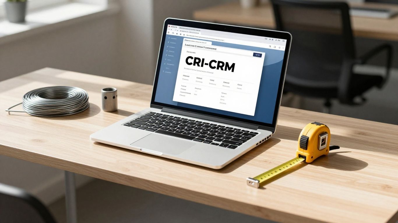 Fencing contractor's organized desk with CRM on laptop.