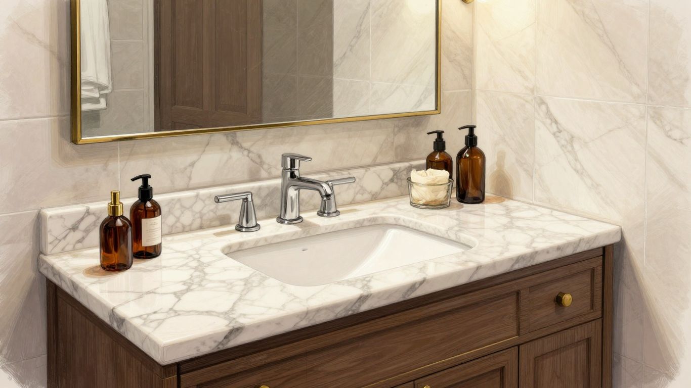 Budget-friendly marble-look bathroom vanity and fixtures.