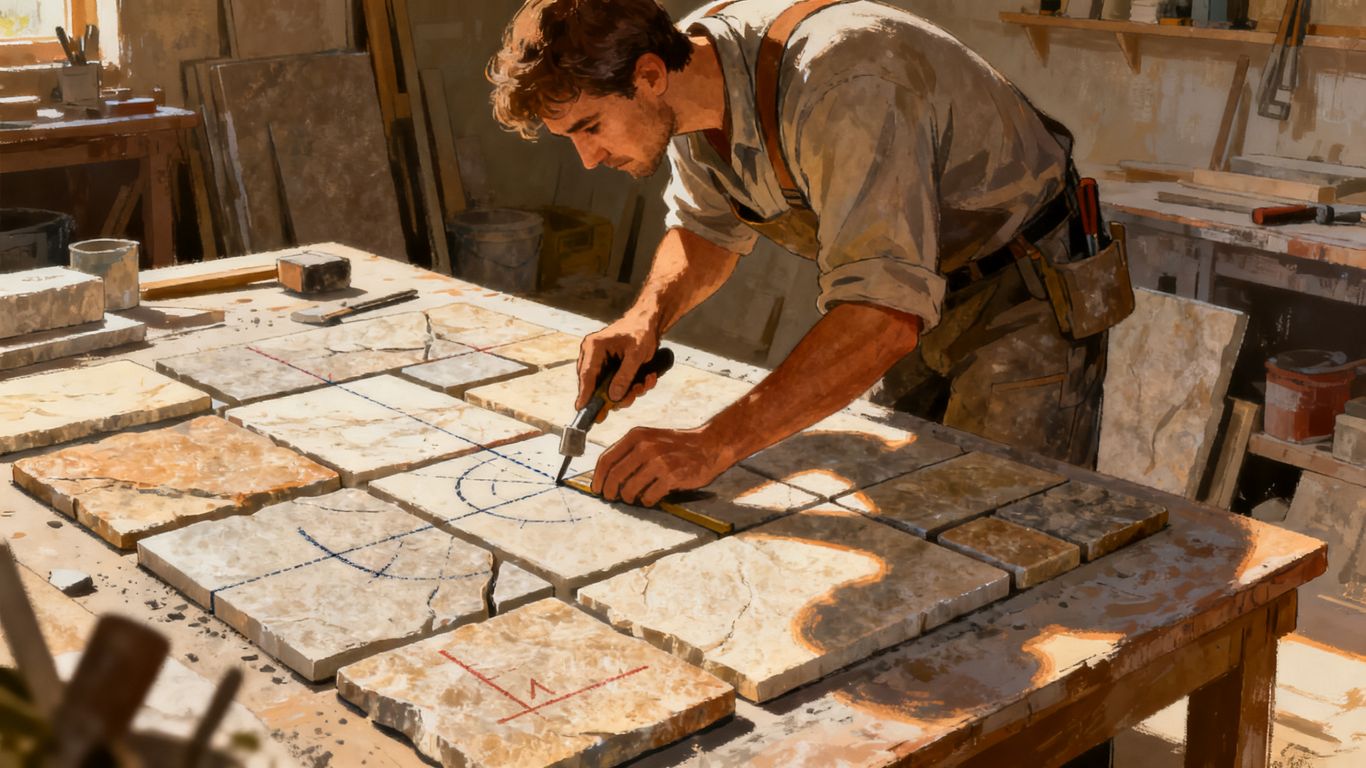 Un artesano profesional midiendo piedra natural para su instalación