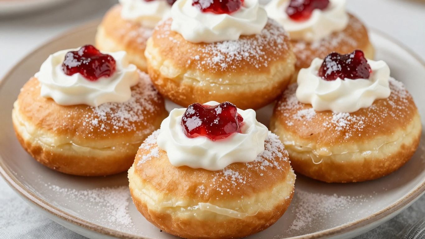 Authentic Romanian papanasi cheese donuts with toppings.