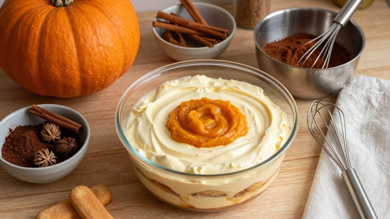 Pumpkin tiramisu ingredients on a kitchen counter