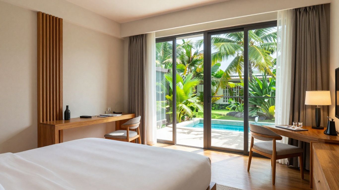 A cozy hotel room with modern tropical decor
