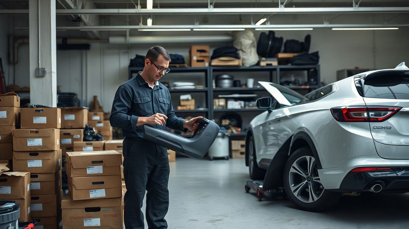 Mechanic comparing automotive parts beside vehicle