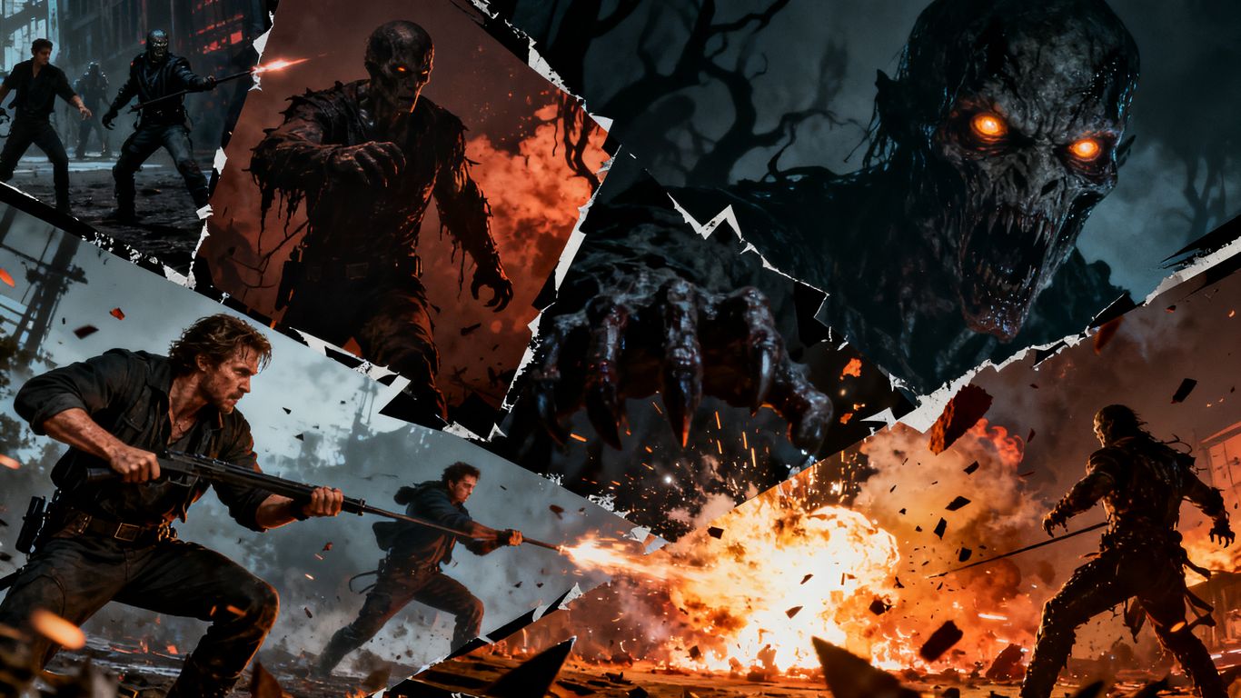 Action and horror movie scenes collage for 2026 slate.