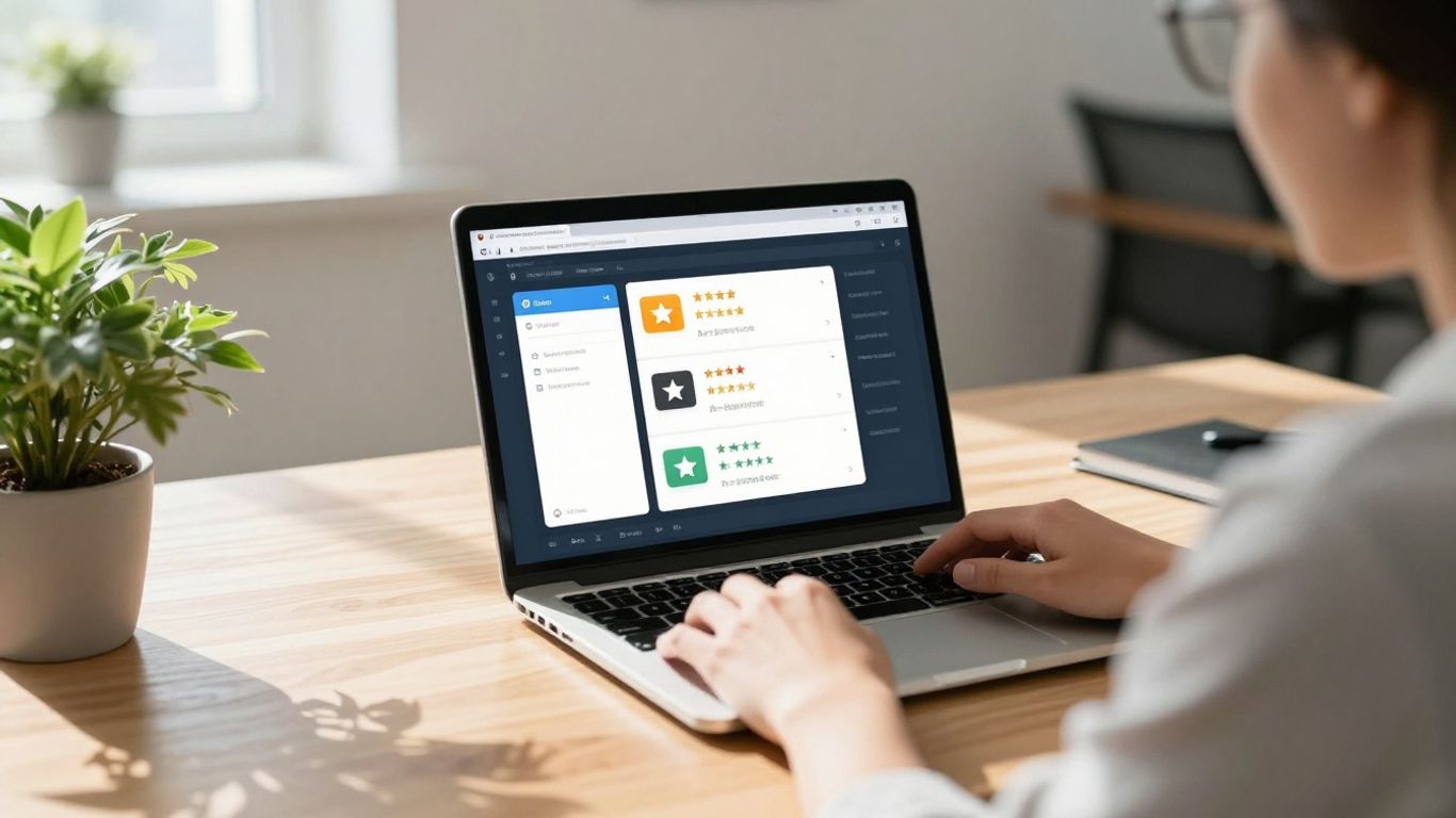 Automated Google review dashboard on laptop screen.