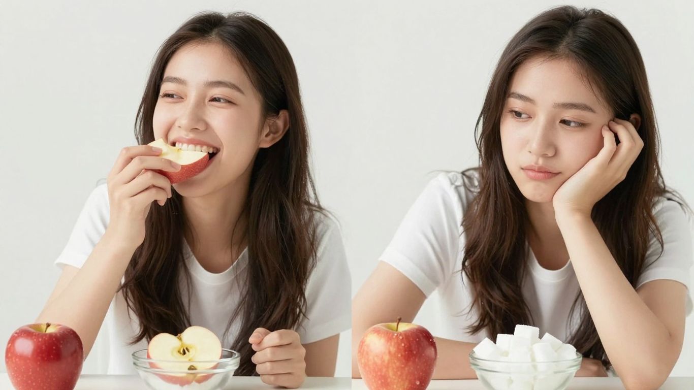 Person enjoying fruit and contemplating sugar cubes.