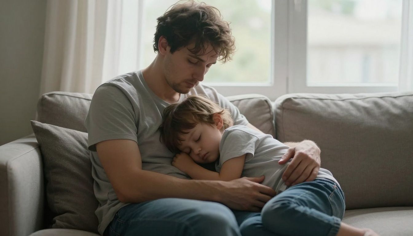 A tired but loving parent sits on a couch, gently holding their sleeping child, with soft morning light coming through a window.