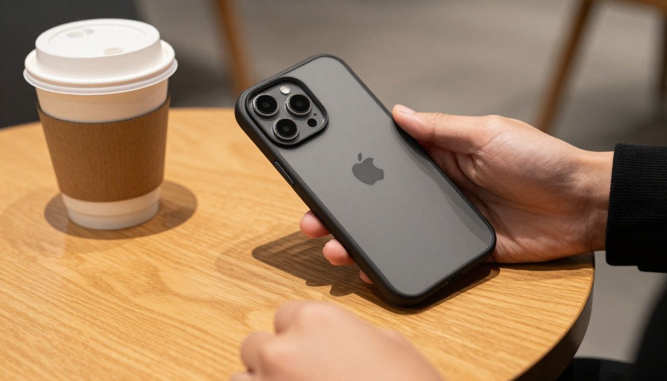A person in a cafe placing their iPhone 15 Plus in a stylish case onto a wooden table next to a coffee cup.