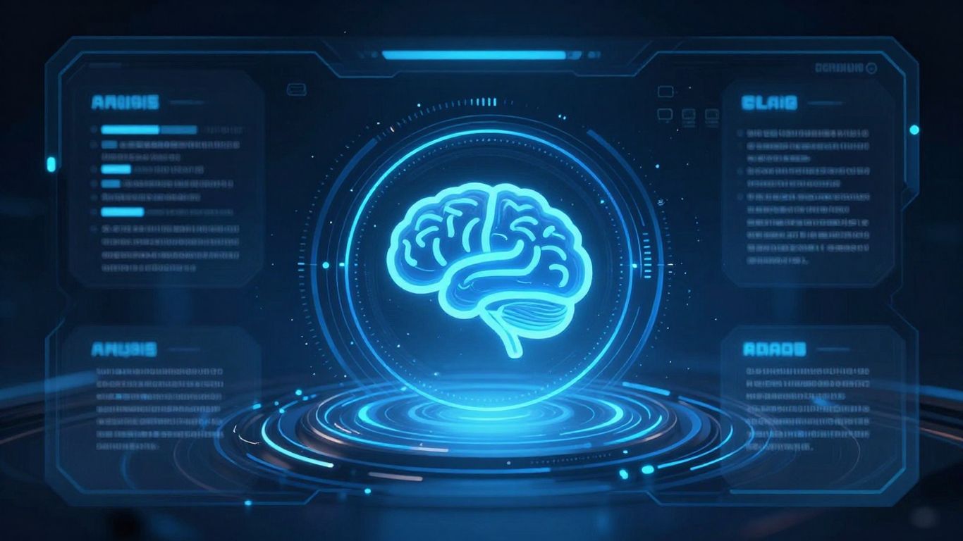 Interface IA moderne avec icône de cerveau stylisé.