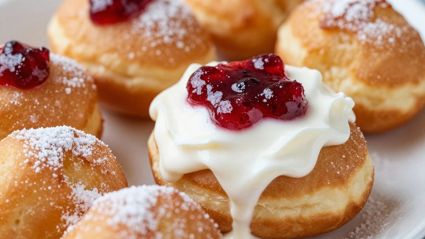 Papanasi cheese donuts with sour cream and jam.