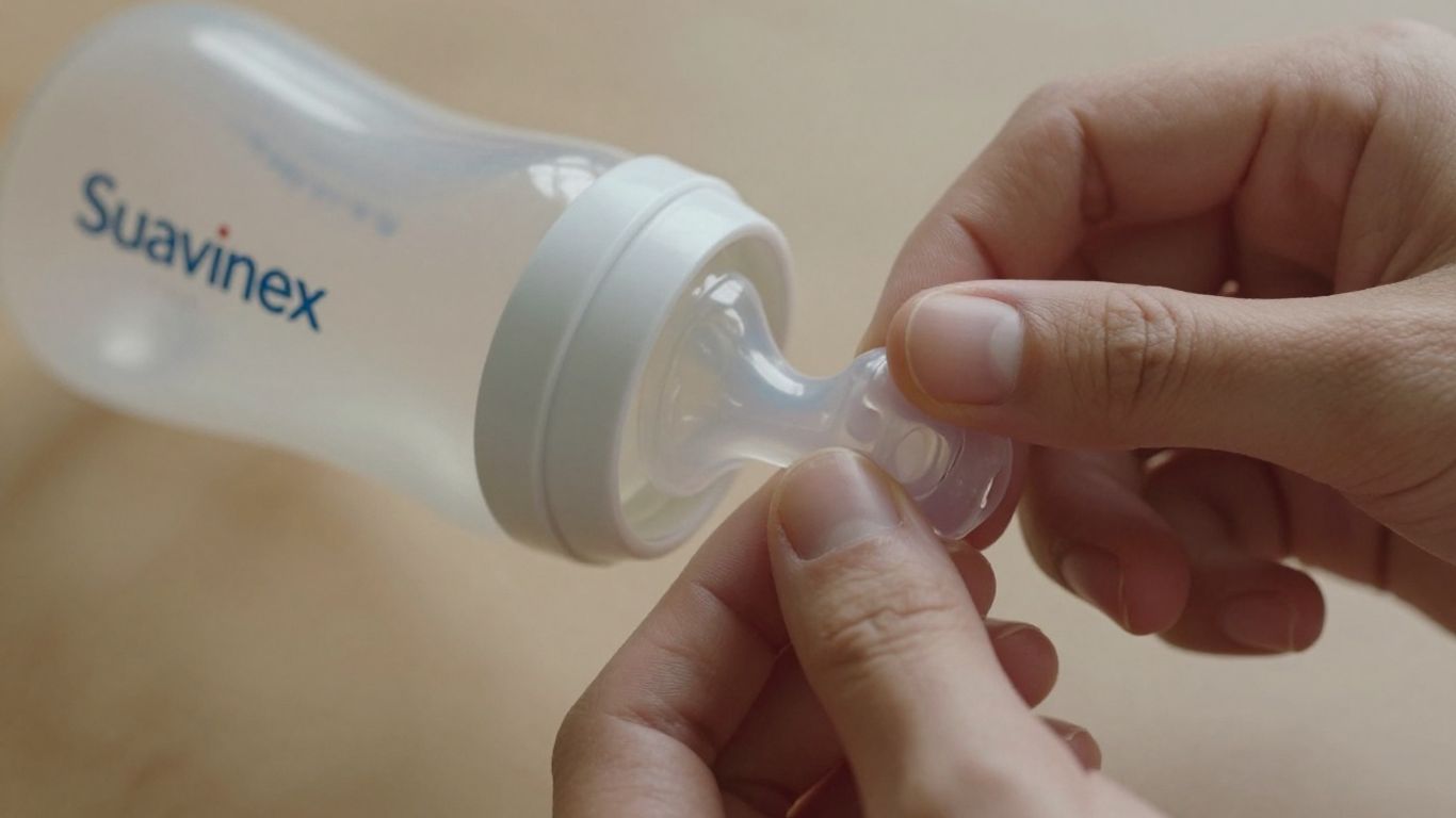 Manos colocando tetina Suavinex en biberón.