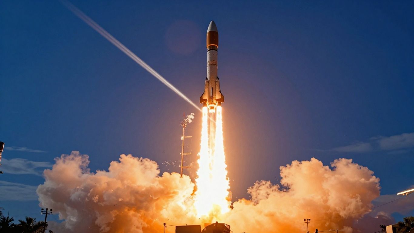 Rocket ascending rapidly into a bright sky.