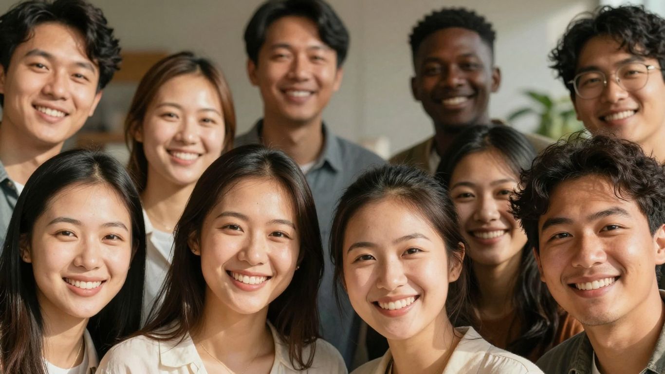 Diverse people smiling, celebrating inclusive beauty.