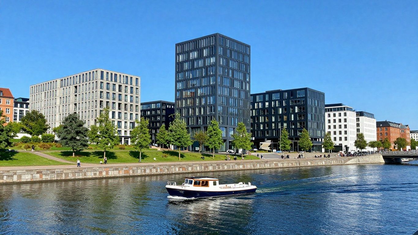 Copenhagen cityscape with canals and modern architecture.