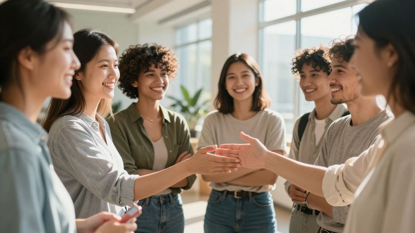 People connecting and supporting each other in a bright, positive environment.