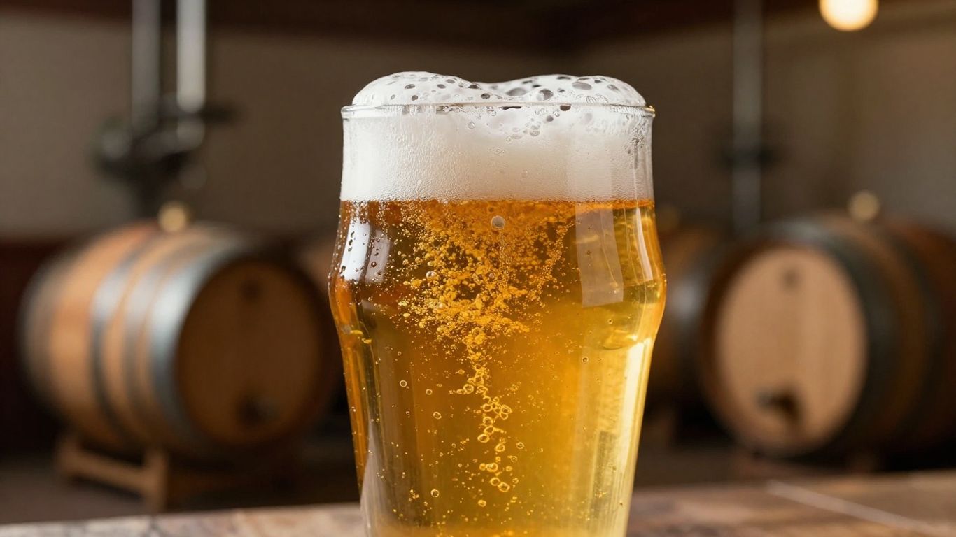 Frothy craft beer in a glass, with wooden barrels.