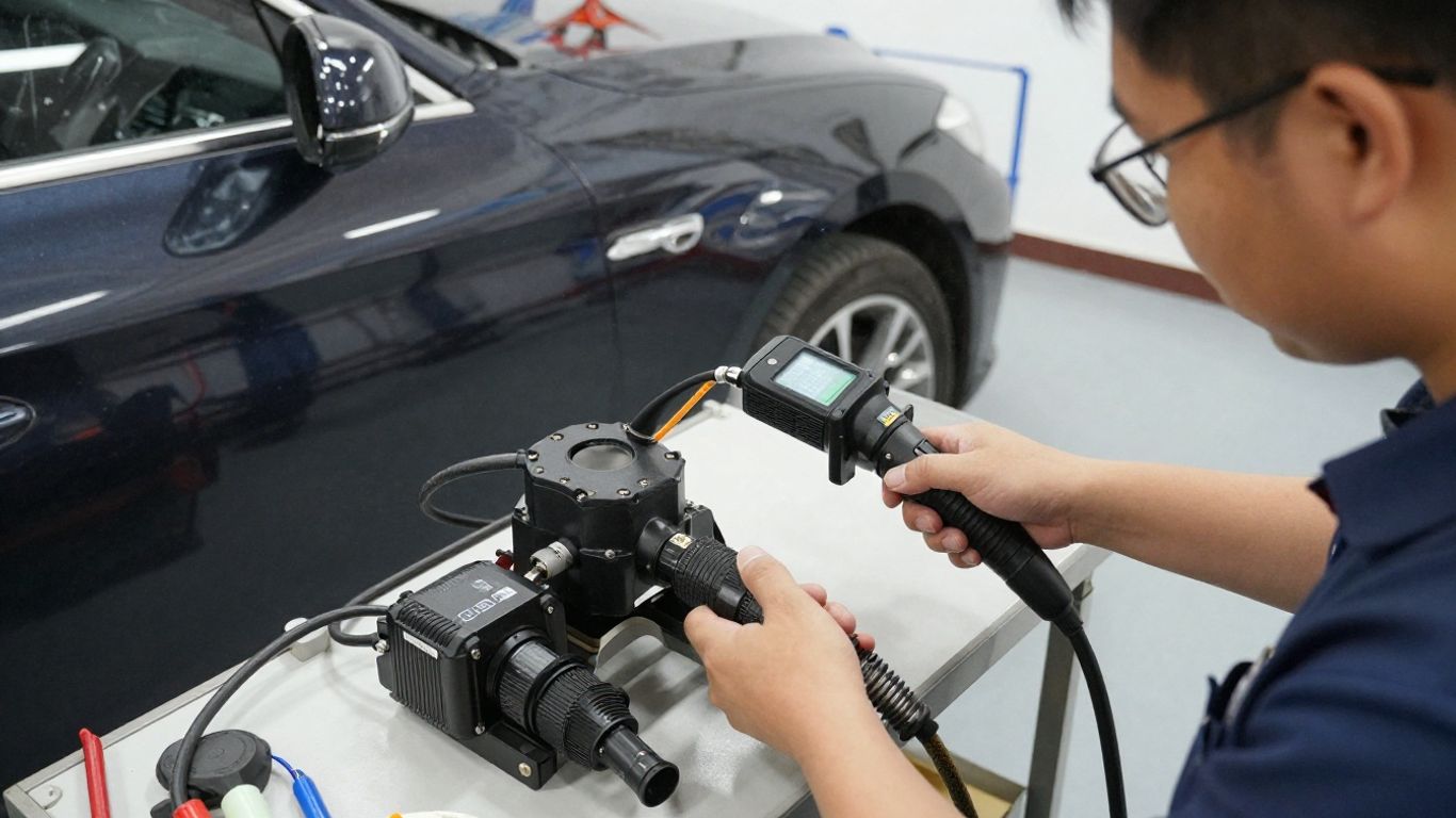Automotive AC service equipment connected in a workshop