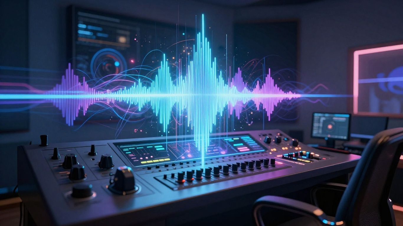 AI music creation in a futuristic studio setting.