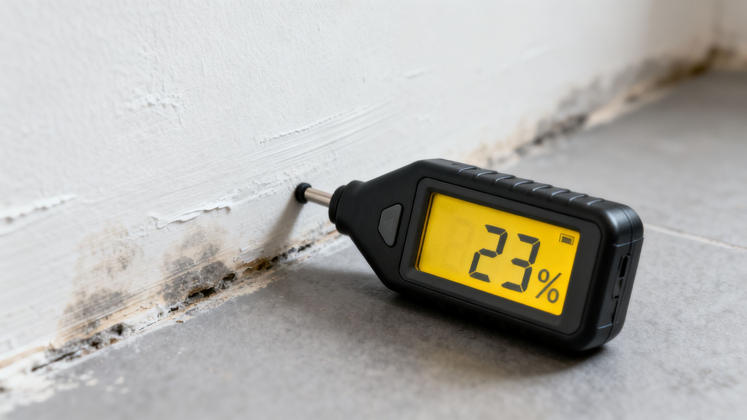 A moisture meter taking a reading on a wall affected by hidden damp ingress