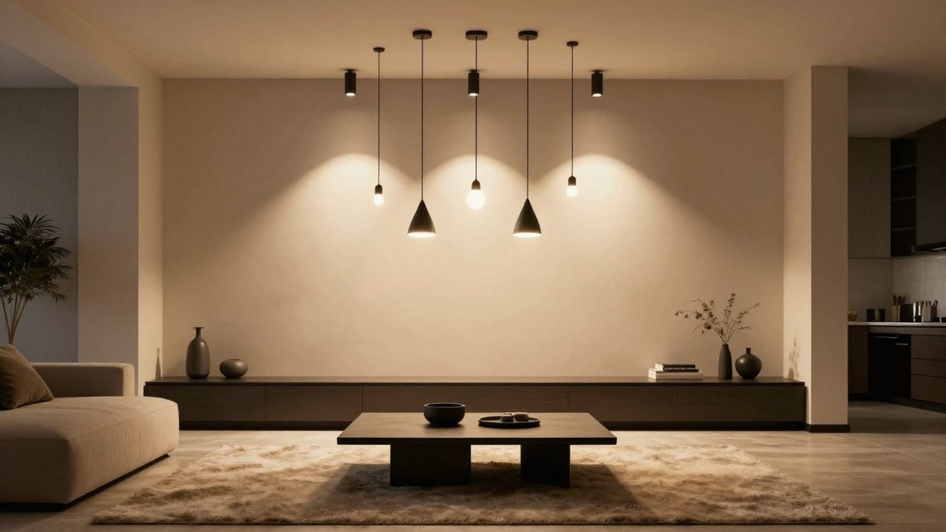 Black pendant lights illuminating a stylish living room.