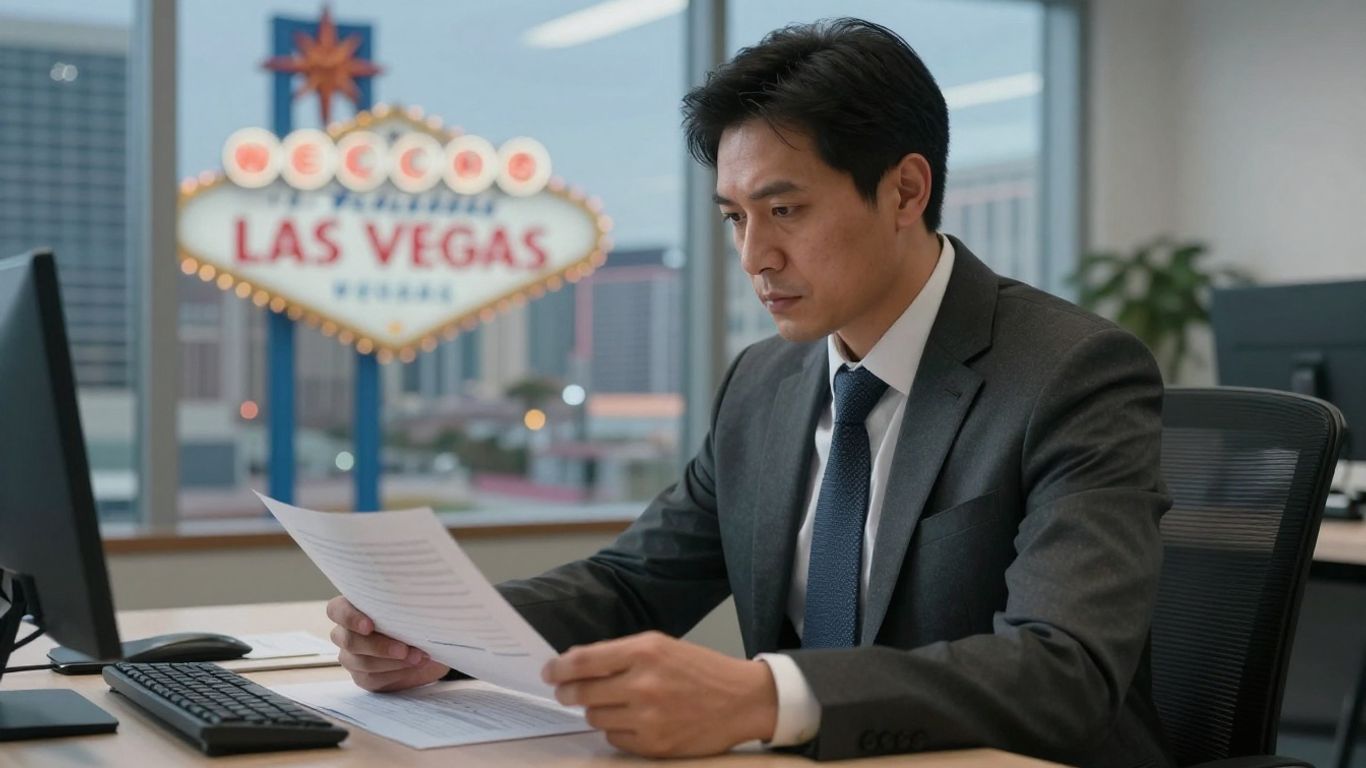 Finance manager in Las Vegas office with city view.