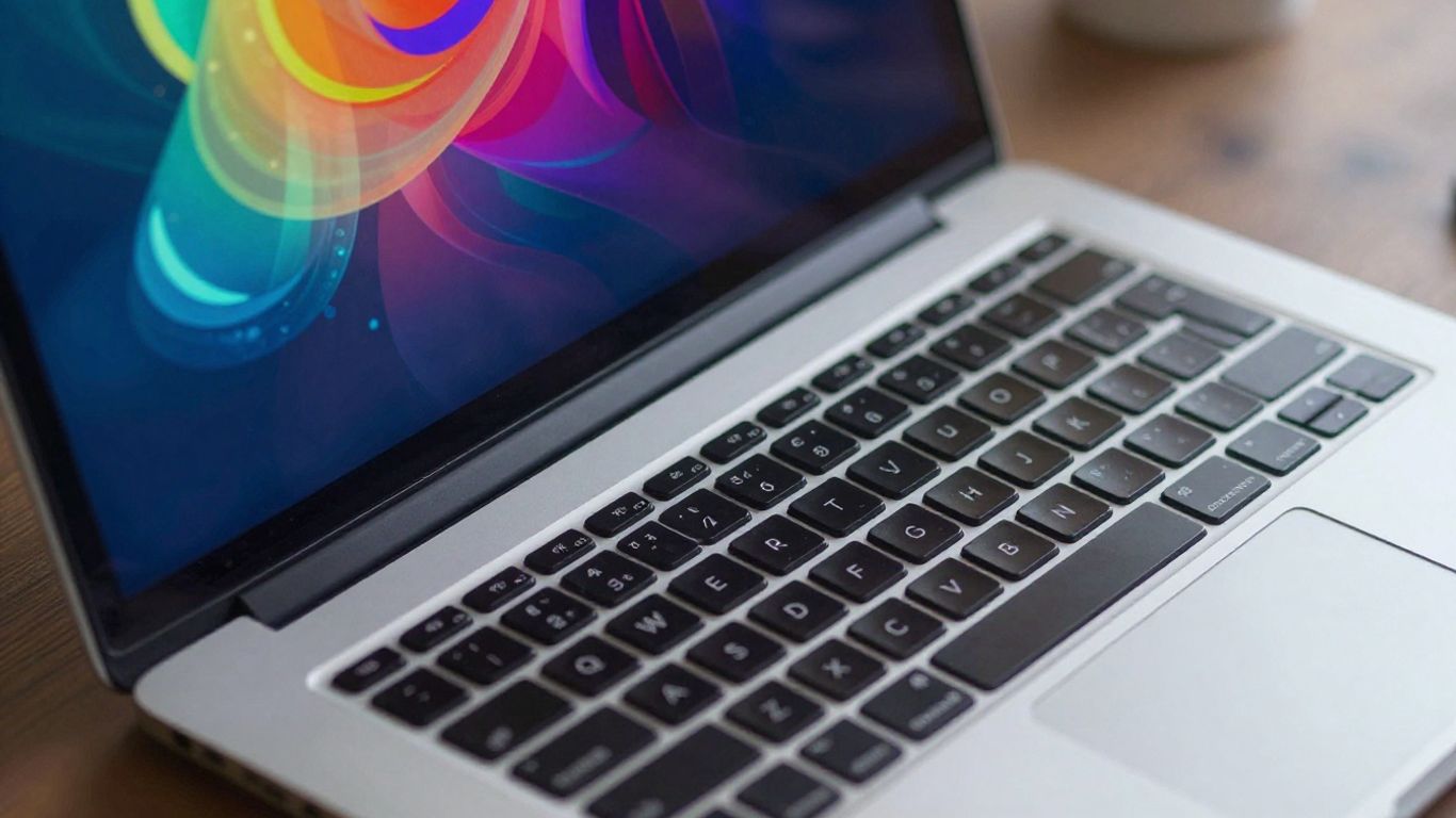 Laptop screen with colorful abstract digital content.