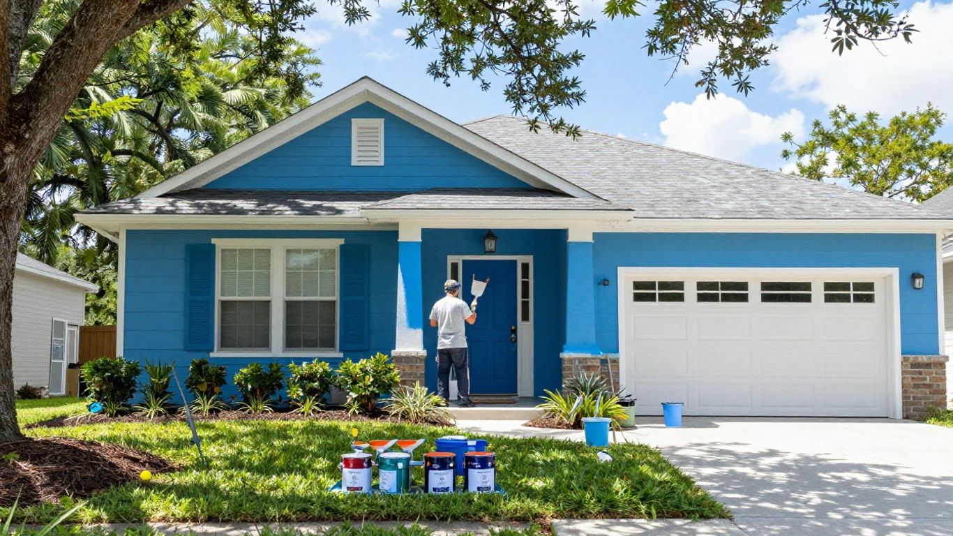 Orlando home exterior being painted by professionals.
